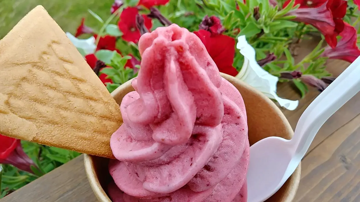 Glace framboise avec cornet et fleurs rouges.