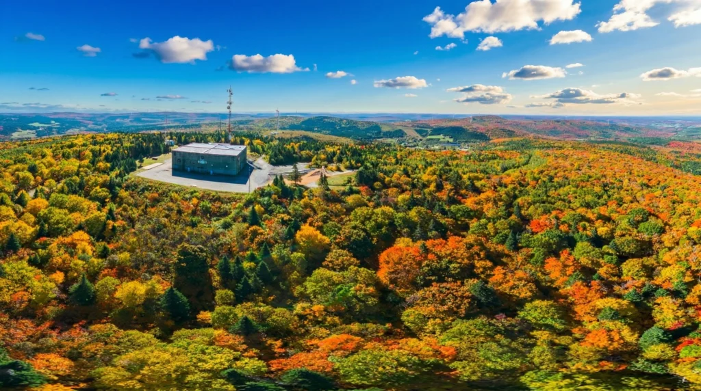 Forêt d’automne colorée avec bâtiment et antennes