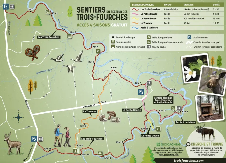Carte des sentiers des Trois-Fourches avec parcours et services