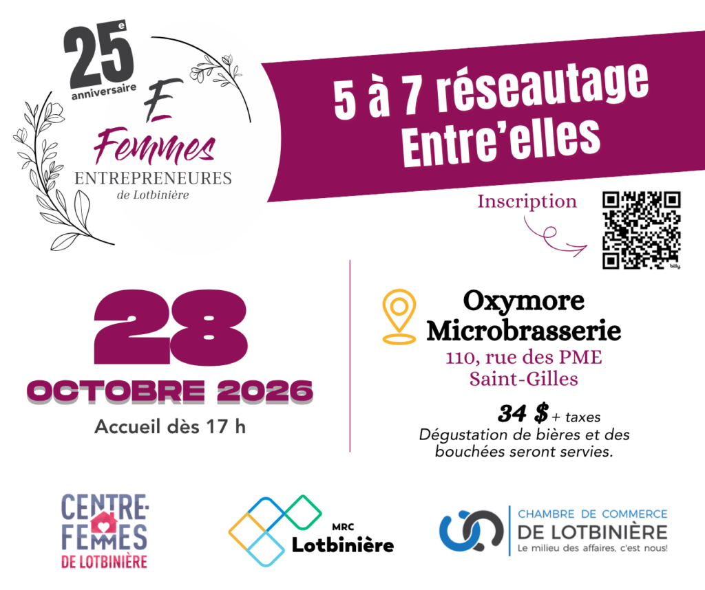 Affiche réseautage Femmes entrepreneures de Lotbinière, 28 octobre 2026